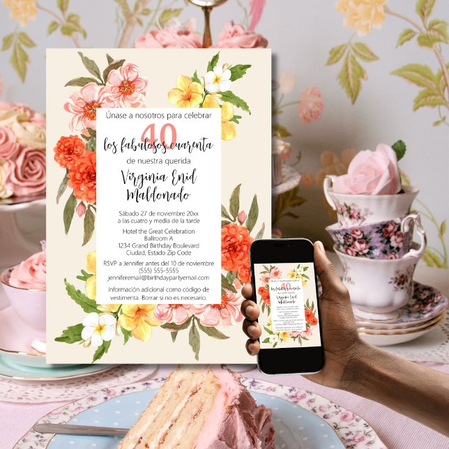 Invitation Florales Classy Espagnoles Cadre Blanc 40e anniver (Créateur téléchargé)