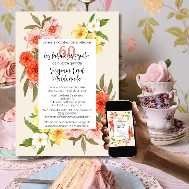 Invitation Florales de couleur espagnole Cadre blanc 60e anni (Créateur téléchargé)