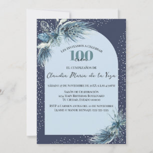 Invitation Florales d'hiver bleu espagnol 100e fête d'anniver