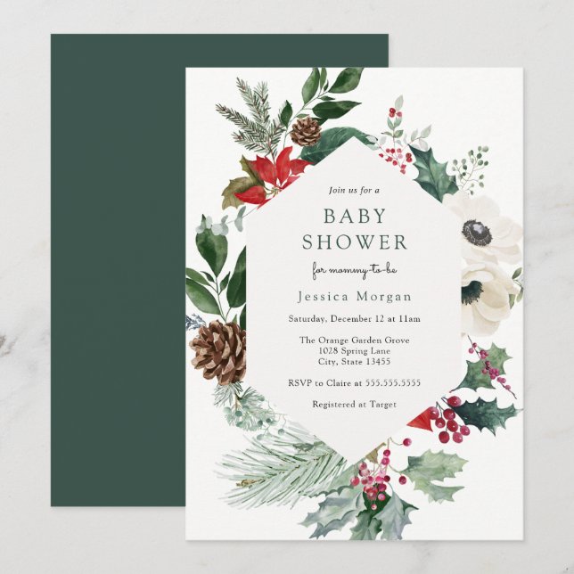 Invitation Florales d'hiver et Baby shower verdoyant Invitati (Devant / Derrière)
