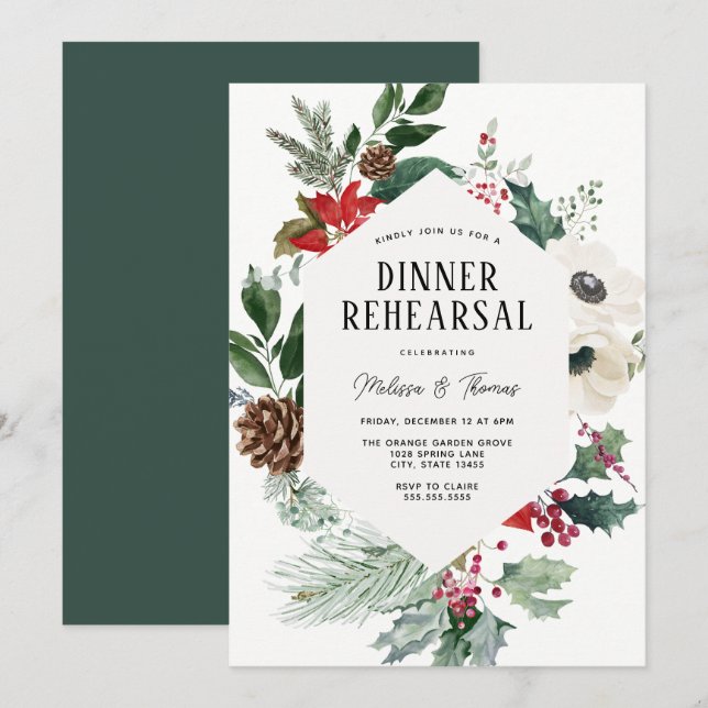 Invitation Florales d'hiver Végétation Mariage Dîner de répét (Devant / Derrière)