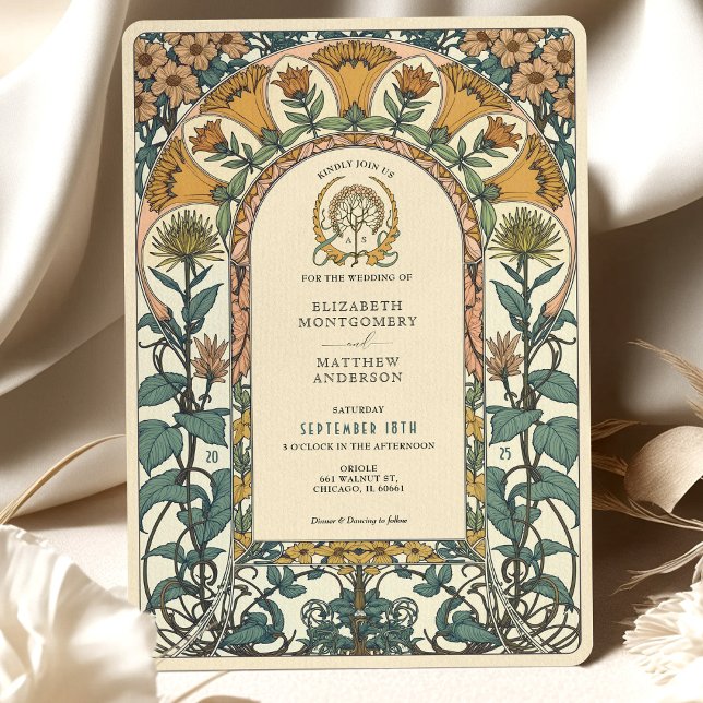 Invitation Florales dorées et vertes Mariage Art nouveau (Créateur téléchargé)
