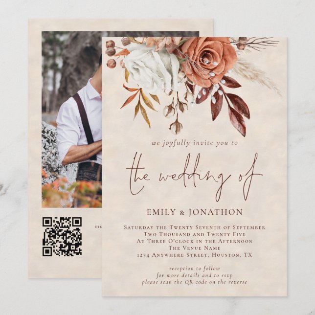 Invitation Florales en terre cuite Photo Cream Texture Mariag (Devant / Derrière)