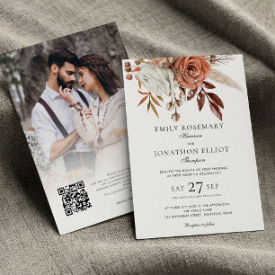 Invitation Florales en terre cuite rustique Photo QR Mariage 