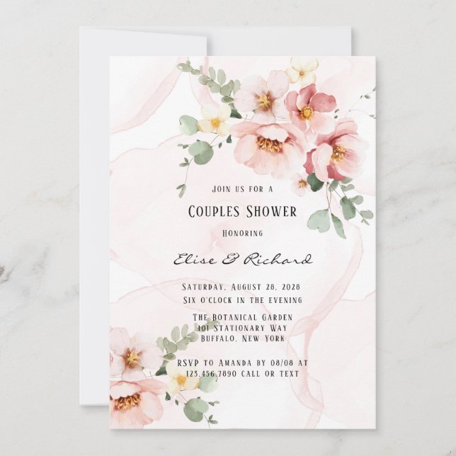Invitation Florales roses Elégant Eucalyptus Couples Douche (Devant)