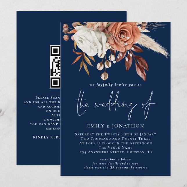 Invitation Florales rustiques QR Code Marine Mariage bleu (Devant / Derrière)