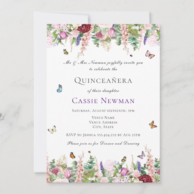Invitation Florales violettes roses et papillons Quinceañera (Devant)