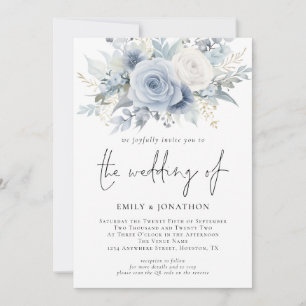 Invitation Florals 3 Photos QR Code Dusty Blue Mariage