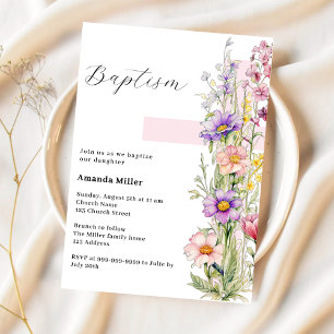 Invitation Florals croix rose fille Baptême