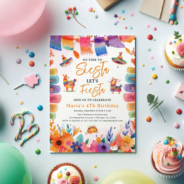 Invitation Florals Mexicain, Pas le temps de Siesta Anniversa ( Florals Mexican, No time to Siesta, Let's Fiesta, Birthday Girl Party Invitation)