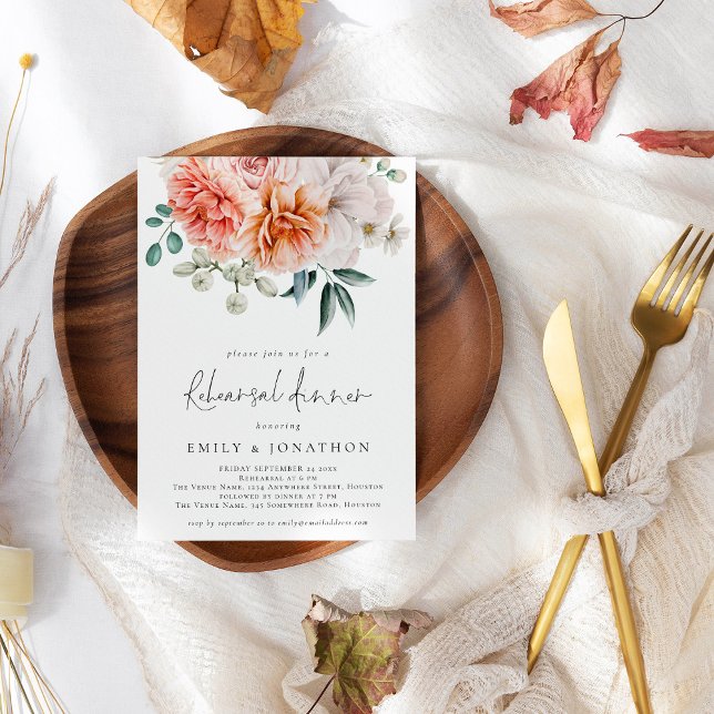 Invitation Florals Peonies Peach Coral Rehearer Dîner (Créateur téléchargé)