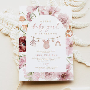 Invitation Florals Sweet Baby Girl Clothesline Baby shower