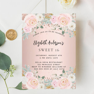 Invitation Floraux blanc or rose Sweet 16 luxe