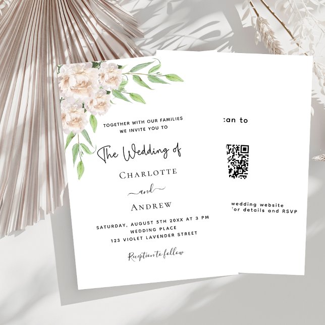 Invitation Floraux blancs verdure QR RSVP mariage de luxe (Créateur téléchargé)