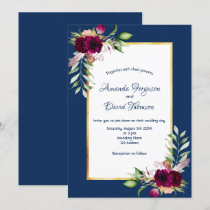 Invitation Floraux Bourgogne or vert boho bleu mariage