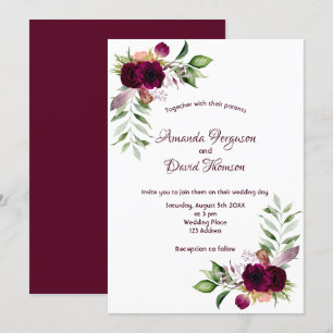 Invitation Floraux Bourgogne or vert boho mariage
