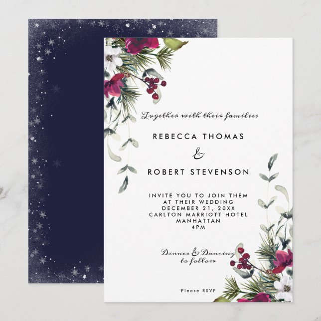Invitation floraux d'hiver modernes vacances mariage de Noël (Devant / Derrière)