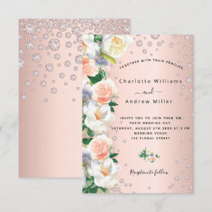 Invitation Floraux d'or rose diamants roses mariage