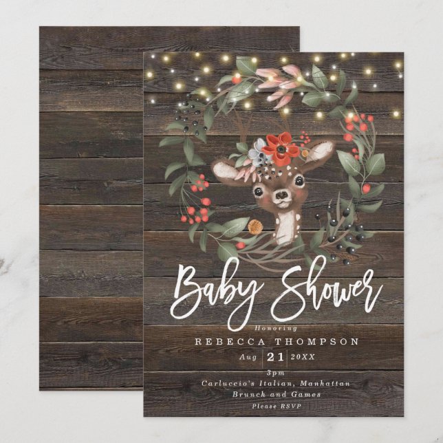 Invitation floraux et baby shower moderne de cerf mignon (Devant / Derrière)