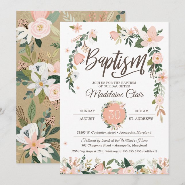 Invitation Floraux lunatiques rougissent baptême rose et (Devant / Derrière)