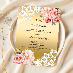 Invitation Floraux rose or luxe 50e anniversaire mariage