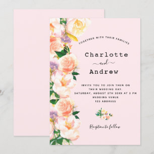 Invitation Floraux rose rose or mariage couleur aquarelle