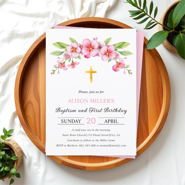 Invitation Floraux roses or croix baptême et premier annivers (Créateur téléchargé)