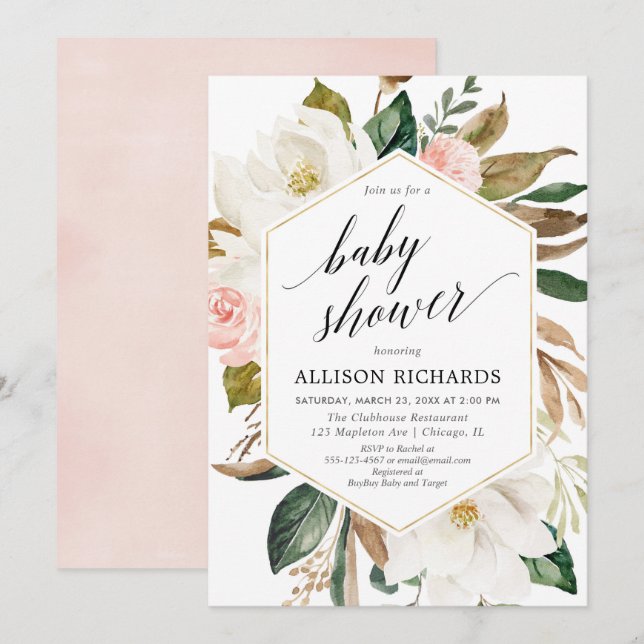 Invitation Floraux rustiques rougissent baby shower rose de (Devant / Derrière)