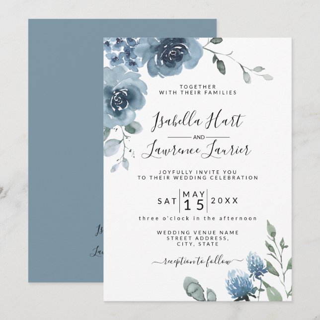 Invitation Flore bleu ardoise Dusty Blue Pastel Mariage (Devant / Derrière)
