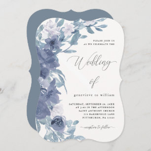 Invitation Flore bleu chic Dusty avec Mariage de calligraphie