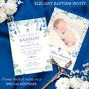 Invitation Flore bleu Dusty élégant avec Baptême photo