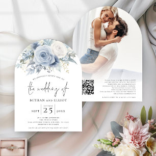 Invitation Flore bleu Dusty Photo QR Code Arch Mariage