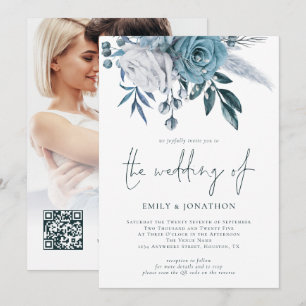 Invitation Flore bleu Dusty Photo QR Code Mariage