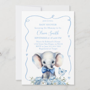 Invitation Flore Bleue Avec Baby shower Éléphant Papillon