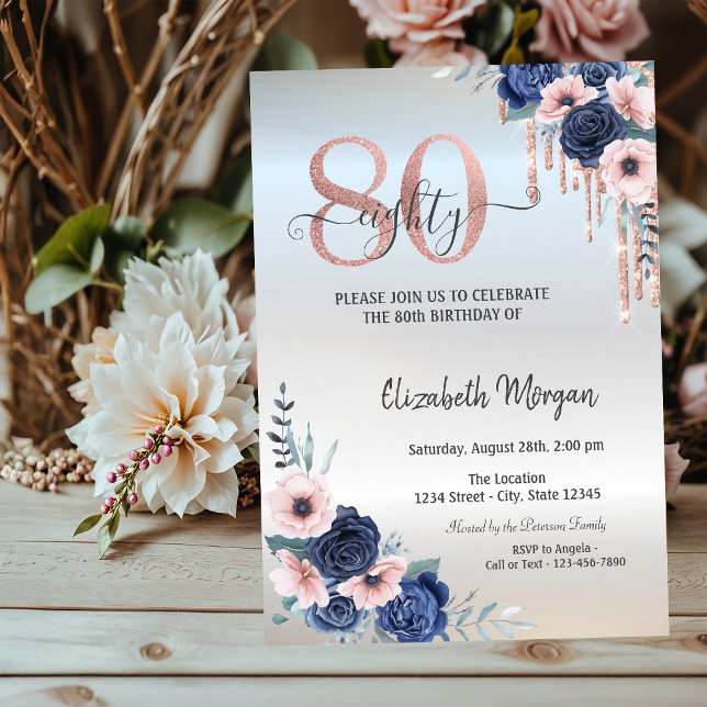 Invitation Flore Bleue Rose Gold Drips Argent 80e anniversair (Créateur téléchargé)