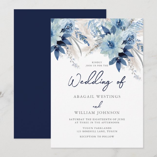 Invitation Flore couleur bleu pâle avec Mariage de marine (Devant / Derrière)