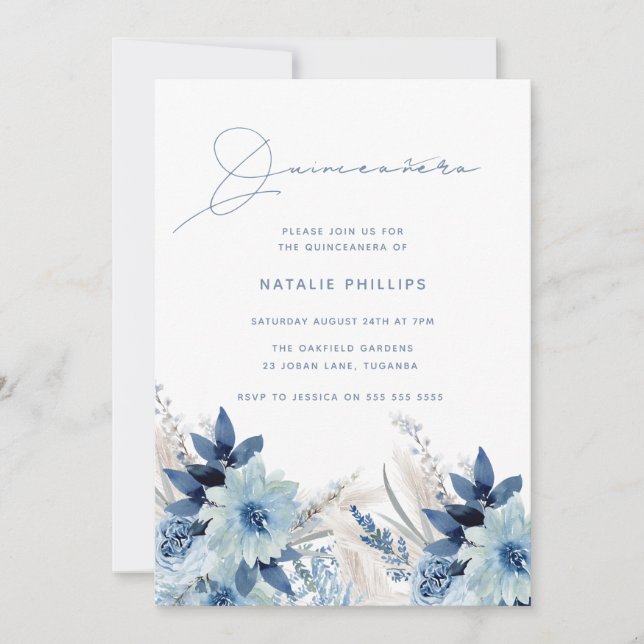 Invitation Flore d'aquarelle bleu Dusty Quinceañera (Devant)