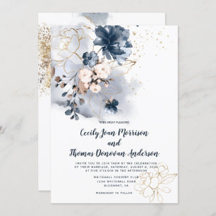 Invitation Flore d'aquarelle bleu marine, bracelet et or