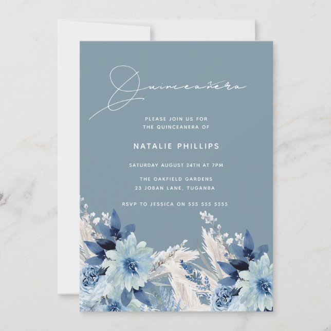 Invitation Flore d'aquarelle bleue Moderne Quinceañera Party (Devant)