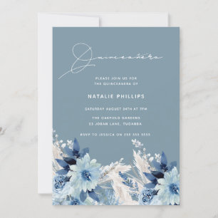 Invitation Flore d'aquarelle bleue Moderne Quinceañera Party