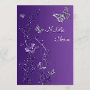 Invitation Flore d'argent mauve avec Bat mitzvah de papillons