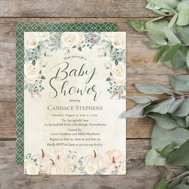 Invitation Flore de crème | Citrouilles - Baby shower vert de (Beautiful gender neutral forest and sage green with cream-colored pumpkins and florals "Baby Shower")
