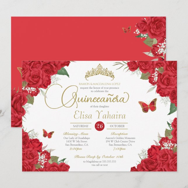 Invitation Flore de rose rouge et papillons Quinceanera (Devant / Derrière)
