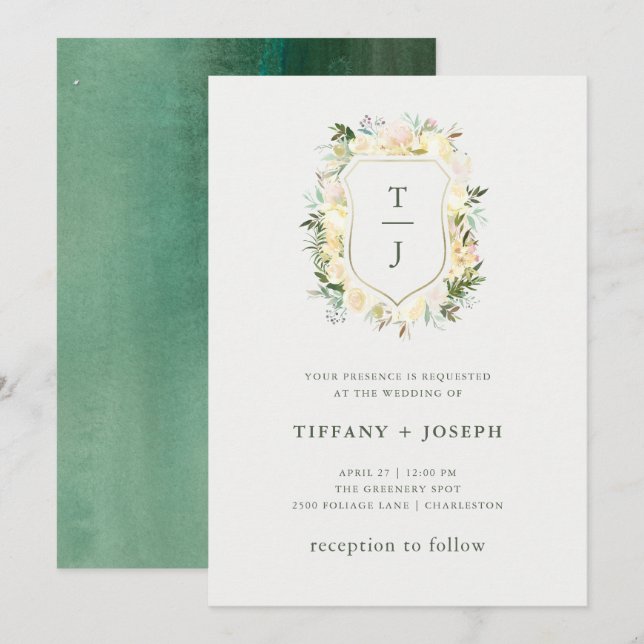 Invitation Flore d'ivoire avec vert | Mariage de crête aquare (Devant / Derrière)