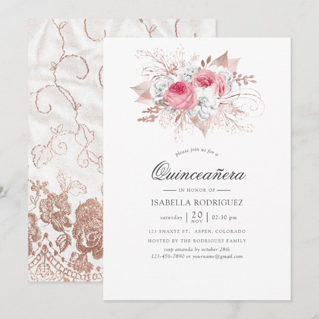 Invitation Flore d'or blanc et Rose et dentelle Quinceañera (Devant / Derrière)