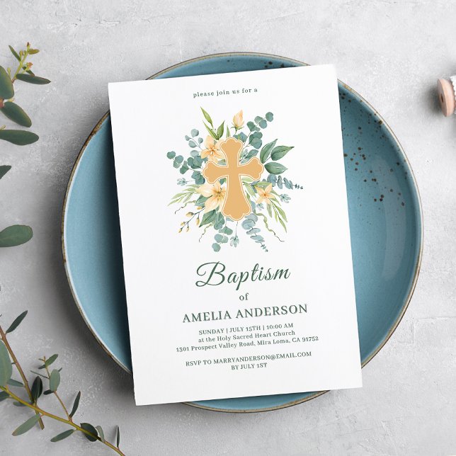 Invitation Flore Eucaliptus Gold Cross Baptism Élégant (Créateur téléchargé)