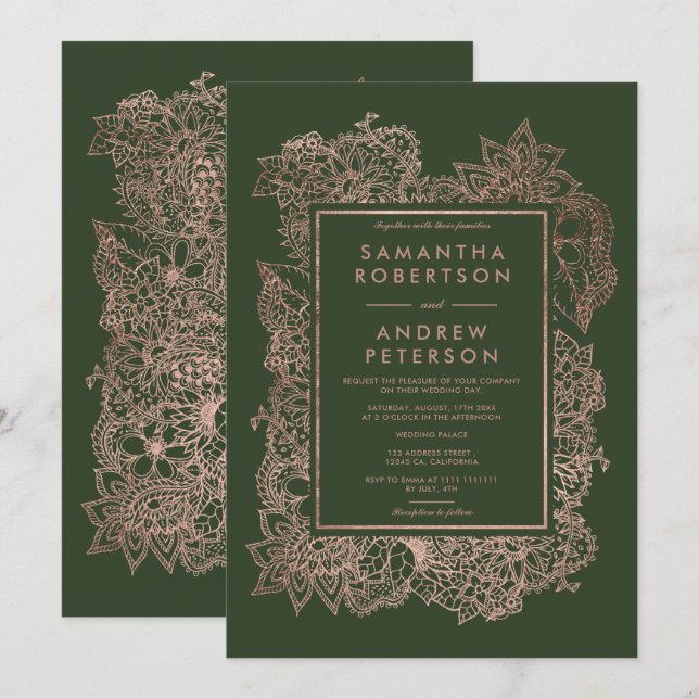 Invitation Flore faux rose or cadre chasseur mariage vert (Devant / Derrière)