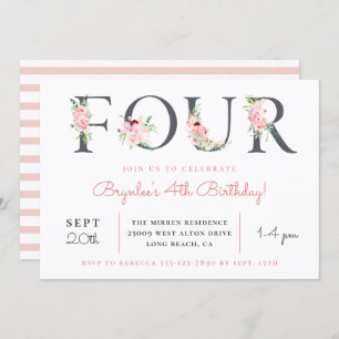 Invitation Flore floue quatre   4e fête d'anniversaire