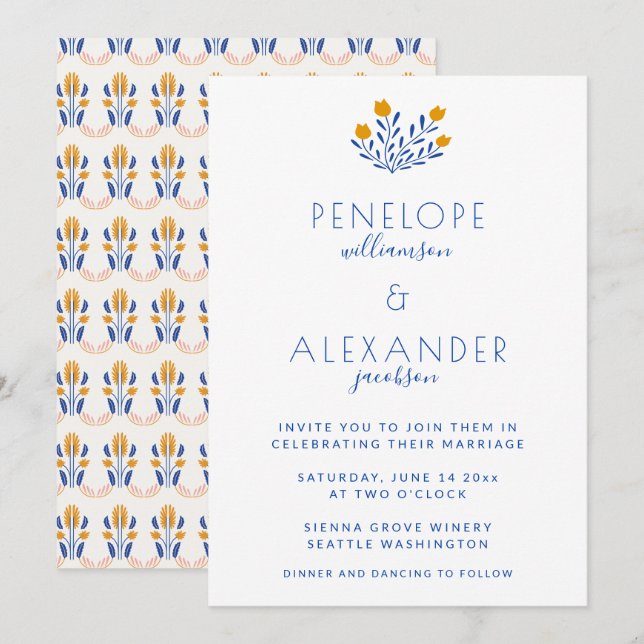 Invitation Flore folk Scandi en Mariage bleu et jaune (Devant / Derrière)