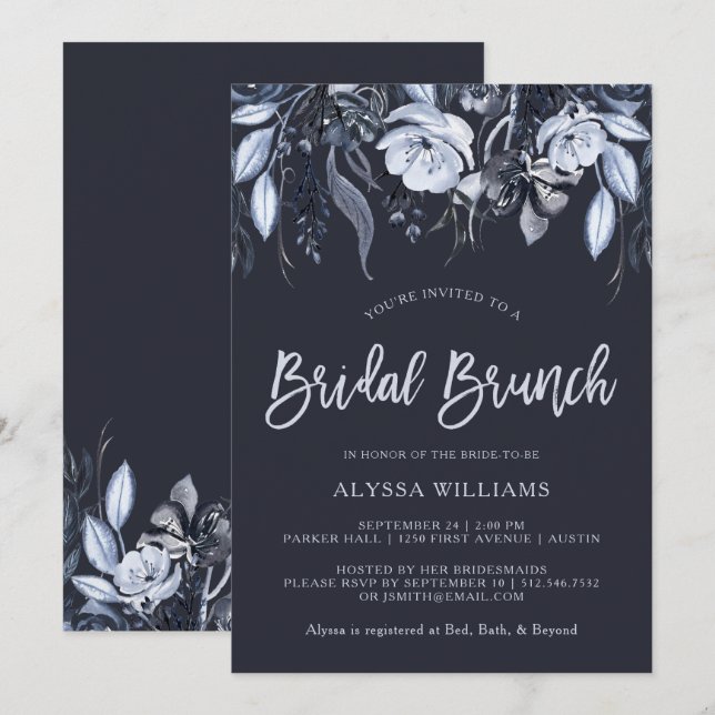 Invitation Flore foncé | Brunch nuptial bleu aquarelle (Devant / Derrière)
